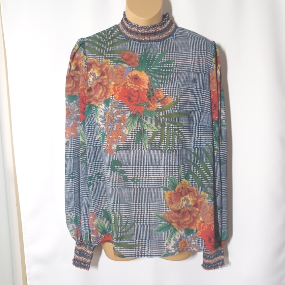 Floral Plaid Mock Neck Blouse Smocked Cuff Balloon Sleeve JT7836-VC Small